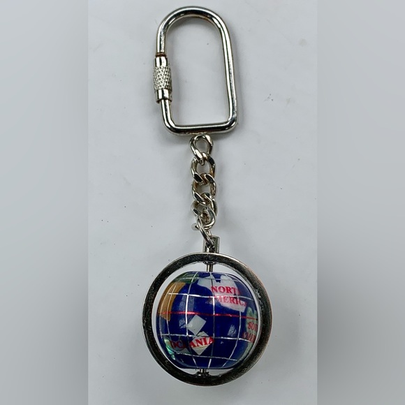 Vtg Silver Tone Metal Multi Stone Opalite Rock Inlaid World Globe Keychain - Picture 5 of 9